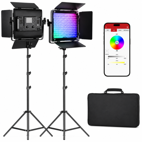 ECHIPAMENTE FOTO - Kit profesional iluminare studio GVM 800D RGB cu 2 panouri LED, lentile optice, 19500 Lux la 0,5 m, 20 efecte de scena, CRI 97+, stative reglabile si geanta transport