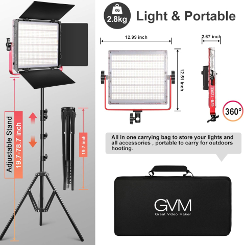 Kit profesional iluminare video GVM 1200D RGB, 2 panouri LED 50W, Softbox, 22000 Lux/0.5 m, CRI97+, Control prin aplicatie, 2 stative si geanta transport [3]