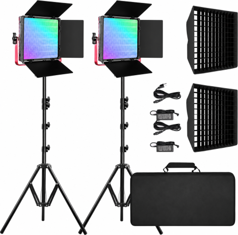 Iluminat LED - Kit profesional iluminare video GVM 1200D RGB, 2 panouri LED 50W, Softbox, 22000 Lux/0.5 m, CRI97+, Control prin aplicatie, 2 stative si geanta transport