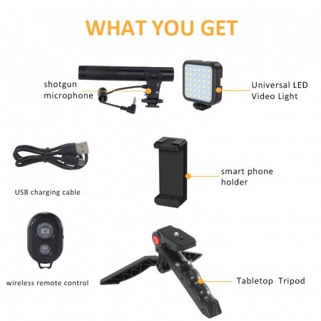 Kit profesional pentru vlogging,trepied,suport telefon,microfon,mini panou LED + telecomanda Bluetooth [1]