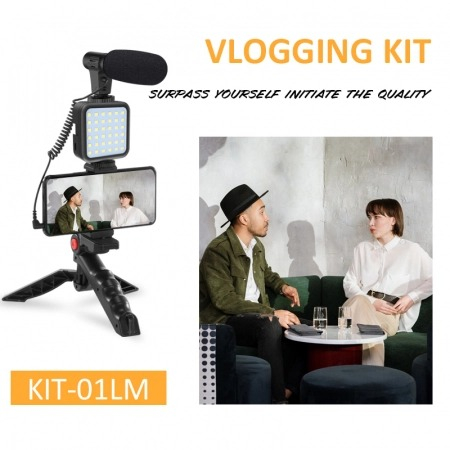 Kit profesional pentru vlogging,trepied,suport telefon,microfon,mini panou LED + telecomanda Bluetooth [2]