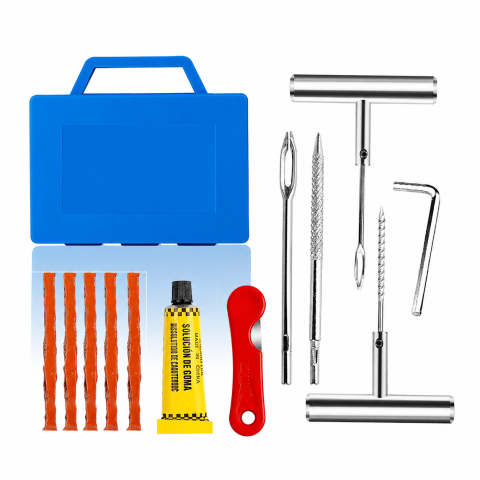 Kit profesional reparatie anvelope tubeless, cu geanta de transport, alezor, ac de inserare, cutter, lipici si snururi pentru reparatii rapide auto, moto si bicicleta [3]