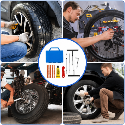 Kit profesional reparatie anvelope tubeless, cu geanta de transport, alezor, ac de inserare, cutter, lipici si snururi pentru reparatii rapide auto, moto si bicicleta [2]