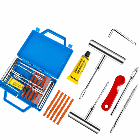 ARTICOLE AUTO - Kit profesional reparatie anvelope tubeless, cu geanta de transport, alezor, ac de inserare, cutter, lipici si snururi pentru reparatii rapide auto, moto si bicicleta