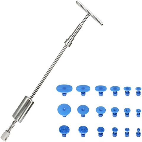 ARTICOLE AUTO - Kit reparare caroserie auto, cu ciocan inertial si 18 ventuze incluse, pentru indepartarea indoiturilor si loviturilor mici, actionare manuala, universal, metalic, argintiu