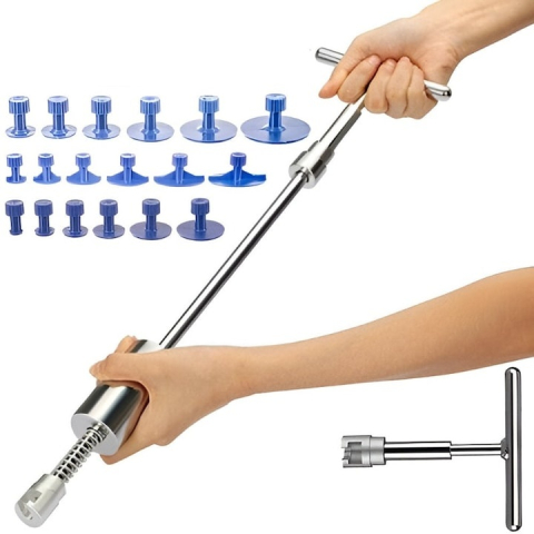 Kit reparare caroserie auto, cu ciocan inertial si 18 ventuze incluse, pentru indepartarea indoiturilor si loviturilor mici, actionare manuala, universal, metalic, argintiu [2]