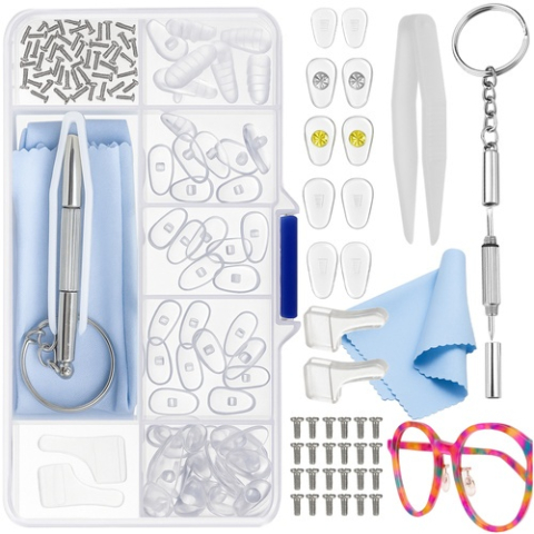 ELECTRONICE - Kit reparare ochelari 126 piese, tampoane nazale, suruburi universale, surubelnita 3 in 1, penseta, laveta pentru lentile, cutie organizatoare