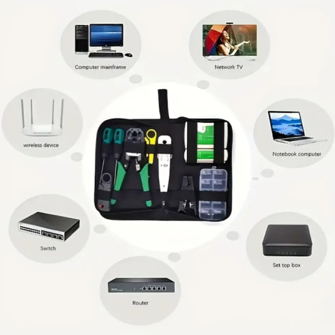 Kit retelistica pentru testare si mufare cabluri, tester, cleste de sertizare, surubelnite si geanta de transport, 27x15x5 cm, negru-verde [1]