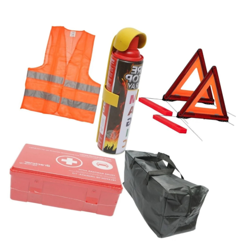Siguranta auto - Kit siguranta auto complet – geanta depozitare, extinctor spray 1000 ml, 2 triunghiuri reflectorizante, vesta reflectorizanta portocalie si trusa sanitara auto, set obligatoriu pentru autoturisme