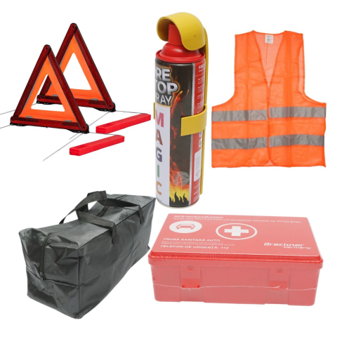 Siguranta auto - Kit siguranta auto complet – geanta depozitare, extinctor spray 1000 ml, 2 triunghiuri reflectorizante, vesta reflectorizanta portocalie si trusa sanitara auto, set obligatoriu pentru autoturisme