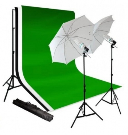 Kit studio complet - Kit studio foto,lumini,2 umbrele,suport fundal reglabil 2x3m + 3 panze fundal multicolore, 2x bec 45W