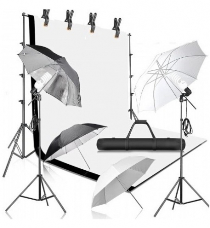 Kit studio complet - Kit studio foto,lumini,4 umbrele alb,negru,suport fundal reglabil 2x3m,2 becuri 45W, 2 panze fundal alb, negru
