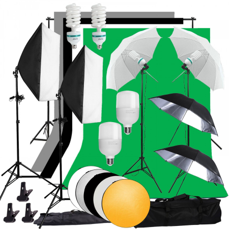 Kit studio complet - Kit foto studio,2 lumini softbox,4 umbrele,suport fundal 2x3 m,6x bec,4 x panze fundal,reflector 5in1 + geanta