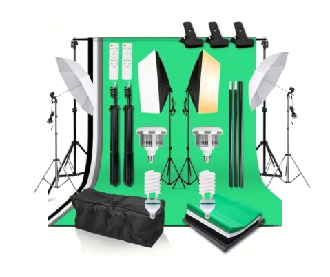 Kit studio complet - Kit studio foto,2 lumini softbox,suport fundal 2x3 m, 4 panze fundal, 2x bec LED 105W cu telecomanda, 2 becuri spiralate + geanta transport