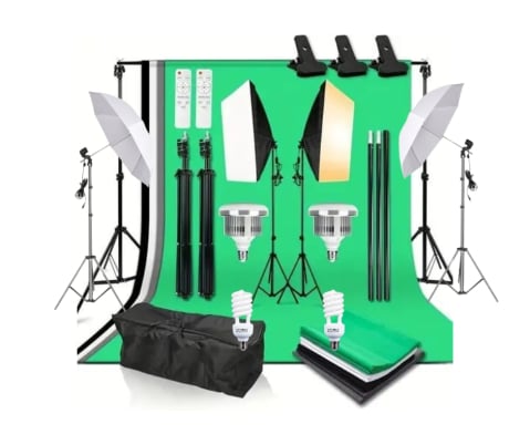 Kit studio complet - Kit studio foto,2 lumini softbox,suport fundal 2x3 m, 4 panze fundal, 2x bec LED 105W cu telecomanda, 2 becuri spiralate + geanta transport