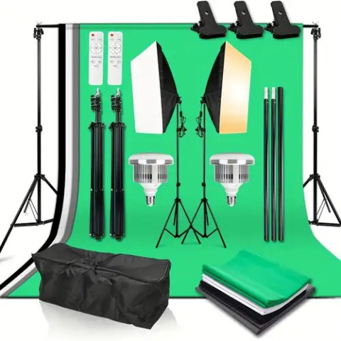 Kit studio complet - Kit studio foto,2 lumini softbox,suport fundal 2x3 m, 4 panze fundal, 2x bec LED 105W cu telecomanda + geanta transport
