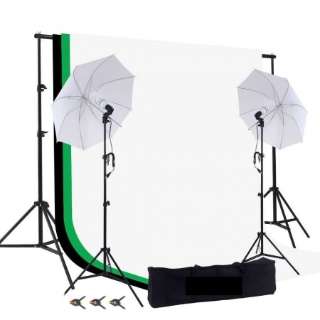 Kit studio complet - Kit studio foto,lumini,2 umbrele,suport fundal reglabil 2x3m,2 becuri 45W + 3 panze de fundal multicolore
