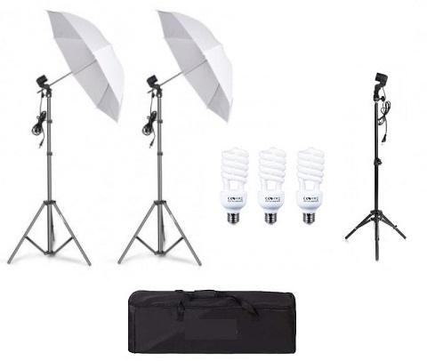 ECHIPAMENTE FOTO - Kit de 2 umbrele albe, 2 trepiezi reglabili 200 cm, 1 trepied 160 cm, 3 becuri 45W, geanta de transport inclusa