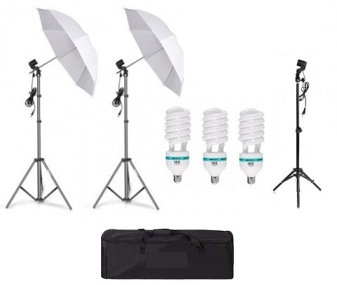 Umbrele foto - Kit de 2 umbrele albe, 2 trepiezi reglabili 200 cm, 1 trepied 160 cm, 3 becuri 150W, geanta de transport inclusa
