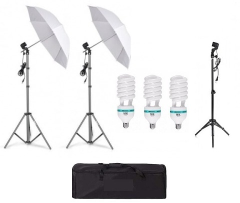 Umbrele foto - Kit de 2 umbrele albe, 2 trepiezi reglabili 200 cm, 1 trepied 160 cm, 3 becuri 85W, geanta de transport inclusa