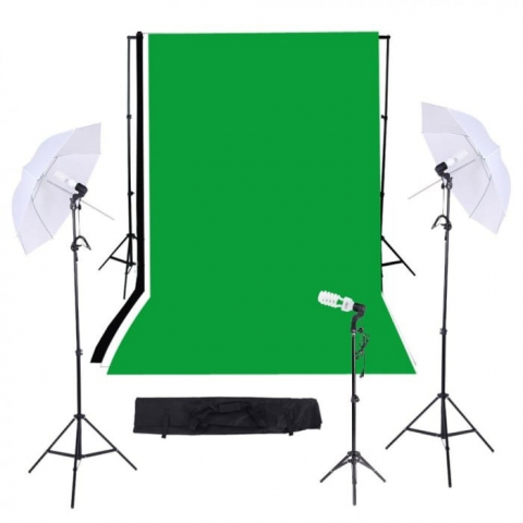 Kit studio complet - Kit studio,foto,lumini,3 umbrele,suport fundal 2x3m,3 panze fundal multicolore + 3 becuri 45W