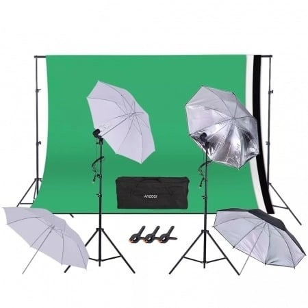 Kit studio complet - Kit studio foto,lumini,4 umbrele alb,negru,suport fundal 2x3m,2x bec 45W + 3 panze fundal multicolore