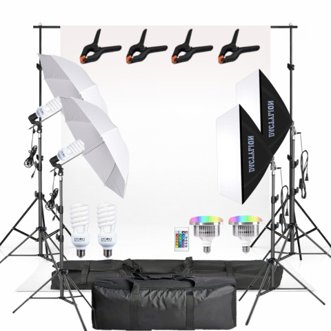 Kit studio complet - Kit studio foto video complet cu fundal alb, 2 softboxuri, 2 umbrele, 2 becuri fluorescente 45W 5500K, 2 LED RGB 45W cu telecomanda, suport 200 cm si genti transport
