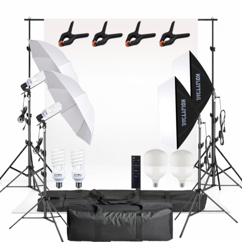 Kit studio complet - Set studio foto video profesional cu fundal alb, 2 softboxuri, 2 umbrele difuzie, 2 becuri fluorescente 45W 5500K si 2 LED RGB 150W cu telecomanda, suport 200 cm si genti transport