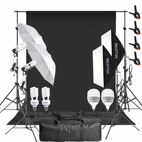 Kit studio complet - Kit studio foto video cu fundal negru profesional, 2 softboxuri, 2 umbrele, 2 becuri fluorescente 45W 5500K si 2 LED 150W, stative 200 cm si genti transport