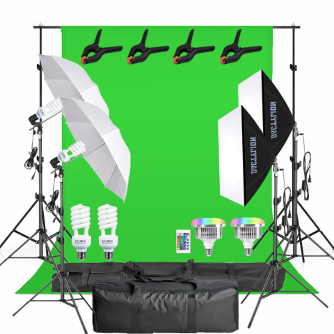Kit studio complet - Kit studio foto video cu fundal verde chroma key, 2 softboxuri, 2 umbrele, 2 becuri fluorescente 45W 5500K si 2 becuri LED RGB 45W, suport 200 cm, genti transport