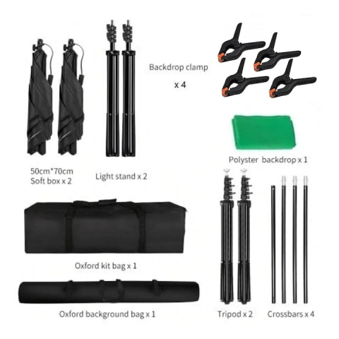 Sistem studio foto video cu green screen, iluminare mixta 5500K si LED RGB 150W cu telecomanda, 2 softboxuri, 2 umbrele, stative 200 cm si genti transport [6]