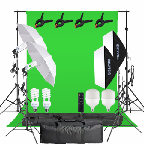 Kit studio complet - Sistem studio foto video cu green screen, iluminare mixta 5500K si LED RGB 150W cu telecomanda, 2 softboxuri, 2 umbrele, stative 200 cm si genti transport