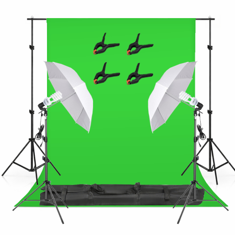 ECHIPAMENTE FOTO - Kit studio foto video cu fundal verde chroma key, 2 umbrele iluminare, 2 becuri fluorescente 45W 5500K, suport fundal reglabil 200 cm, 4 cleme si geanta transport