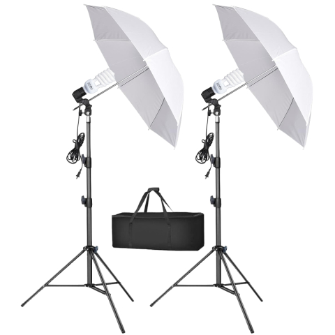 Umbrele foto - Kit studio foto video cu trepied reglabil 200 cm, umbrelă difuzie 87 cm și bec fluorescent E27 45W 5500K, cu geantă transport pentru streaming și social media