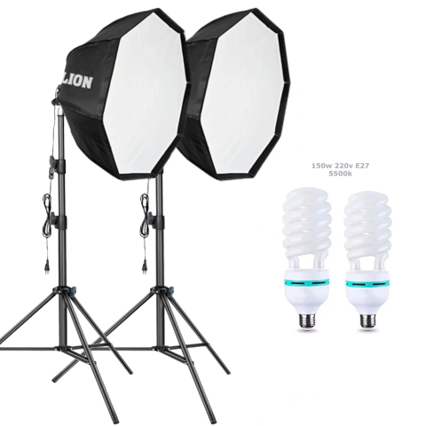 Softbox-uri - Kit Studio Foto-Video Dublu: 2 x Softbox Parabolic, 2 x Bec 150W 5500K, 2 x Stativ Aluminiu 200 cm, Iluminat Continuu Profesional
