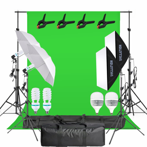 Kit studio complet - Kit studio foto video green screen profesional, 2 softboxuri, 2 umbrele, 2 becuri fluorescente 150W si 2 LED 150W 5500K cu telecomanda, stative 200 cm