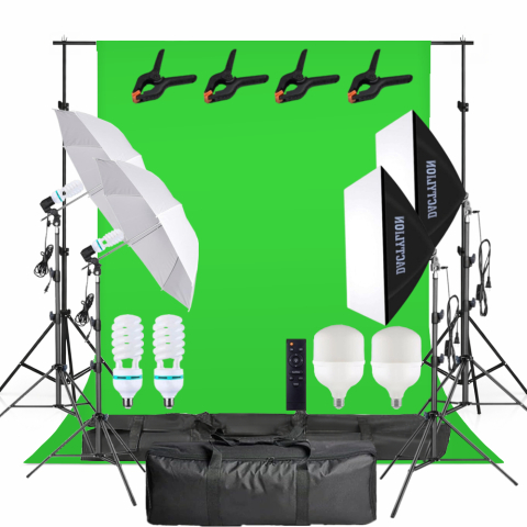 Kit studio complet - Kit studio foto video iluminare profesionala cu 2 softbox, 2 umbrele foto, 2 becuri fluorescent 150W 5500K si 2 becuri LED 150W cu telecomanda, fundal verde chroma key, suport fundal, clame panza, gea