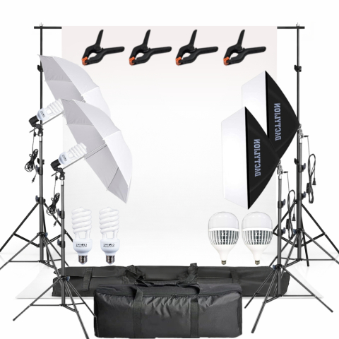 Kit studio complet - Kit studio foto video profesional cu fundal alb, 2 softboxuri, 2 umbrele foto, 2 becuri fluorescente 45W 5500K, 2 becuri LED 150W, suport reglabil 200 cm, geanta transport