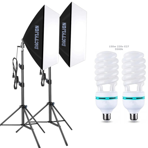 Softbox-uri - Kit Studio Foto-Video Profesional Dublu: 2 x Softbox 50x70 cm, 2 x Bec 150W 5500K, 2 x Stativ Reglabil 200 cm, Iluminat Continuu