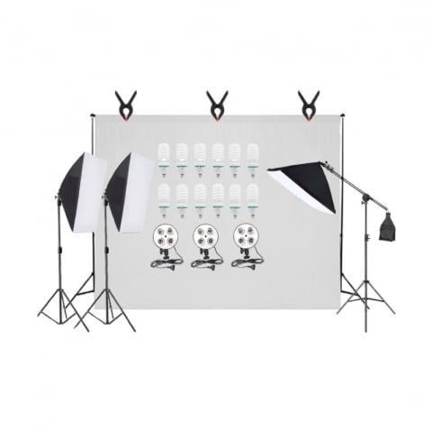 Kit studio complet - Kit studio foto-video special pentru fotografii de inalta calitate, 3 lumini softox, 12 becuri foto 150W, suport fundal reglabil 2x3m, macara si panza fundal 2x3m