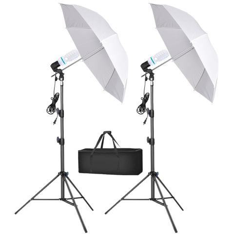 Umbrele foto - Sistem iluminare studio profesional 145W 5500K cu trepied reglabil 200 cm, umbrela foto 87 cm si geanta transport pentru foto, video si streaming