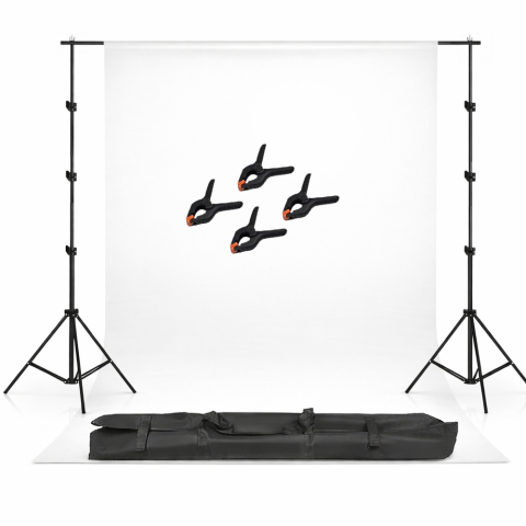 ECHIPAMENTE FOTO - Kit studio, suport fudal reglabil, Alb, 2.6x3m, suport aluminiu, 4 clesti de suport al panzei, geanta de transport