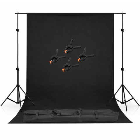 ECHIPAMENTE FOTO - Kit studio, suport fudal reglabil, Negru, 2x3m, suport aluminiu, 4 clesti de suport al panzei, geanta de transport