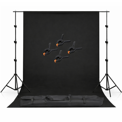 ECHIPAMENTE FOTO - Kit studio, suport fudal reglabil, Negru, 2.6x3m, suport aluminiu, 4 clesti de suport al panzei, geanta de transport