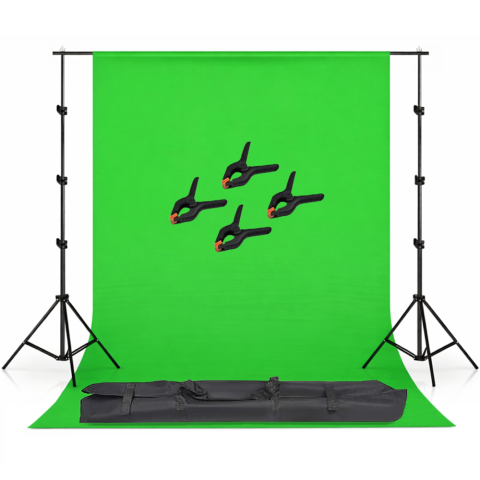 ECHIPAMENTE FOTO - Kit studio, suport fudal reglabil, Verde, 2.6x3m, suport aluminiu, 4 clesti de suport al panzei, geanta de transport