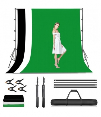 Suport fundal - Kit studio foto, suport fundal reglabil 2x3m, clesti inclusi + 3 panze de fundal multicolore 2x3m