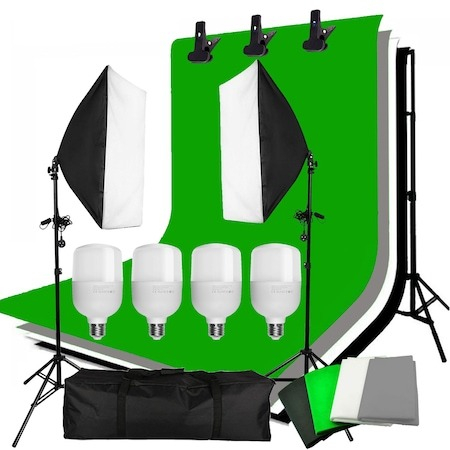 Kit studio complet - Kit foto studio, 2 softbox, suport fundal 2x3m, 4 panze de fundal, 4x bec LED 25W + geanta transport