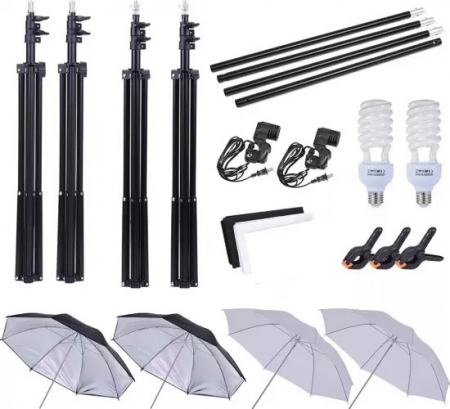 Kit complet foto studio,lumini,4 umbrele,trepiezi 200 cm,suport fundal 2x3m,2 panze fundal alb,negru, 2x bec 150W [1]