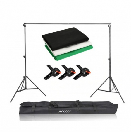 Suport fundal - Kit studio foto, suport fundal reglabil 2x3m, clesti inclusi + 3 panze de fundal multicolore 2x3m