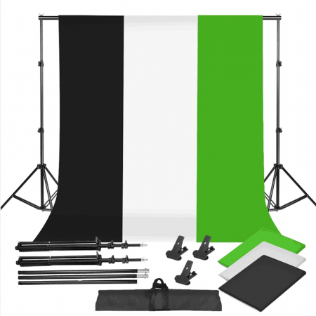 Suport fundal - Suport foto studio reglabil 2x3m, clesti inclusi + 3 panze de fundal multicolore 2x3m